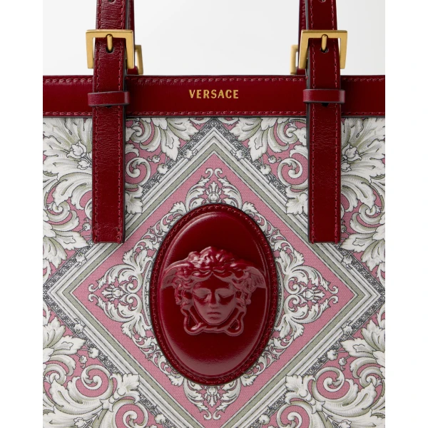 Versace Rivière Printed Mini Canvas Tote in Grey and Pink, view 3 | Mini Bags