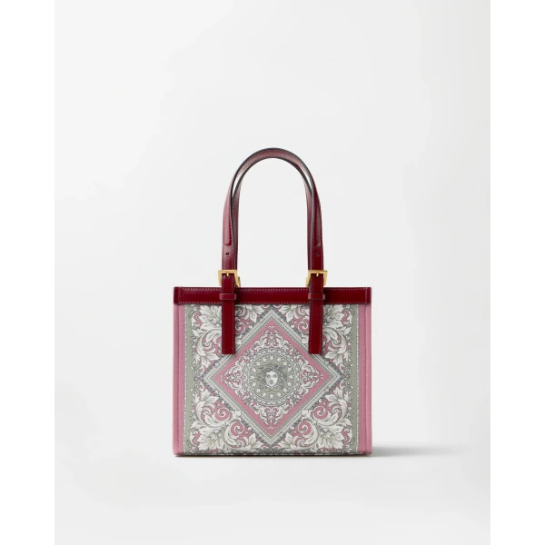 Versace Rivière Printed Mini Canvas Tote in Grey and Pink, view 5 | Mini Bags