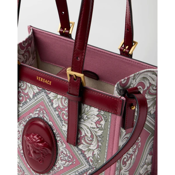 Versace Rivière Printed Mini Canvas Tote in Grey and Pink, view 6 | Mini Bags