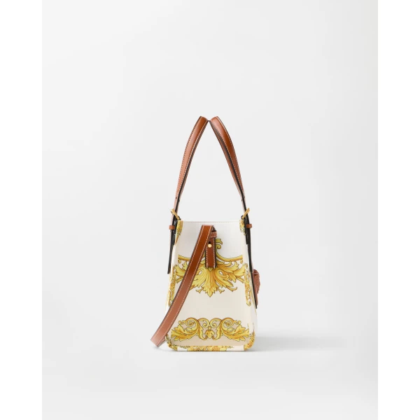 Versace Rivière Printed Mini Canvas Tote in White and Gold, view 2 | Mini Bags