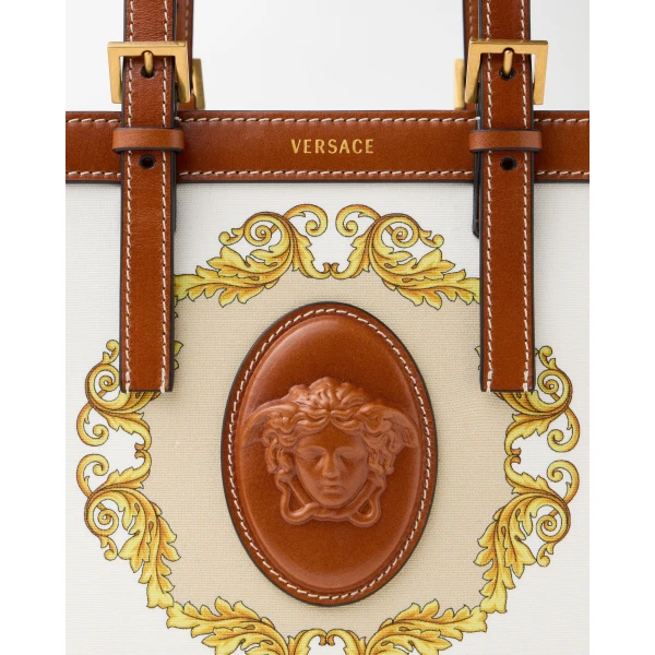 Versace Rivière Printed Mini Canvas Tote in White and Gold, view 3 | Mini Bags
