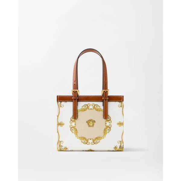 Versace Rivière Printed Mini Canvas Tote in White and Gold, view 5 | Mini Bags