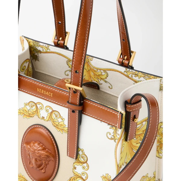 Versace Rivière Printed Mini Canvas Tote in White and Gold, view 6 | Mini Bags