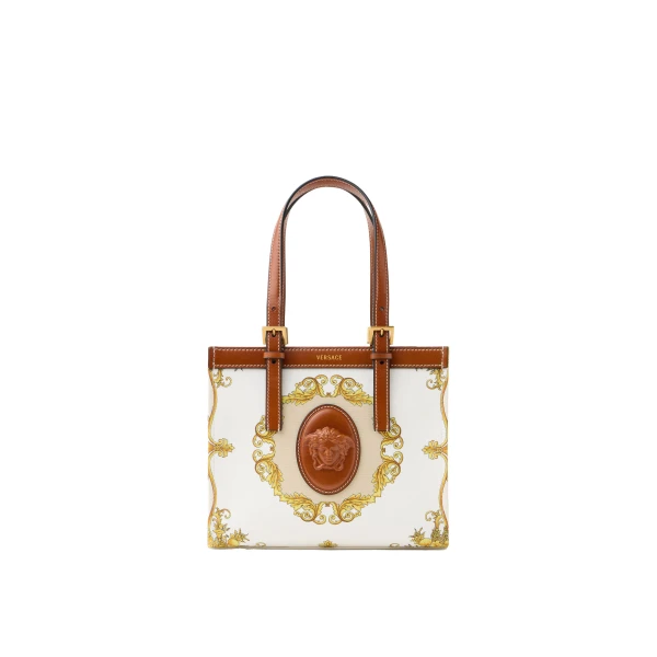 Versace Rivière Printed Mini Canvas Tote in White and Gold | Mini Bags | Coveti