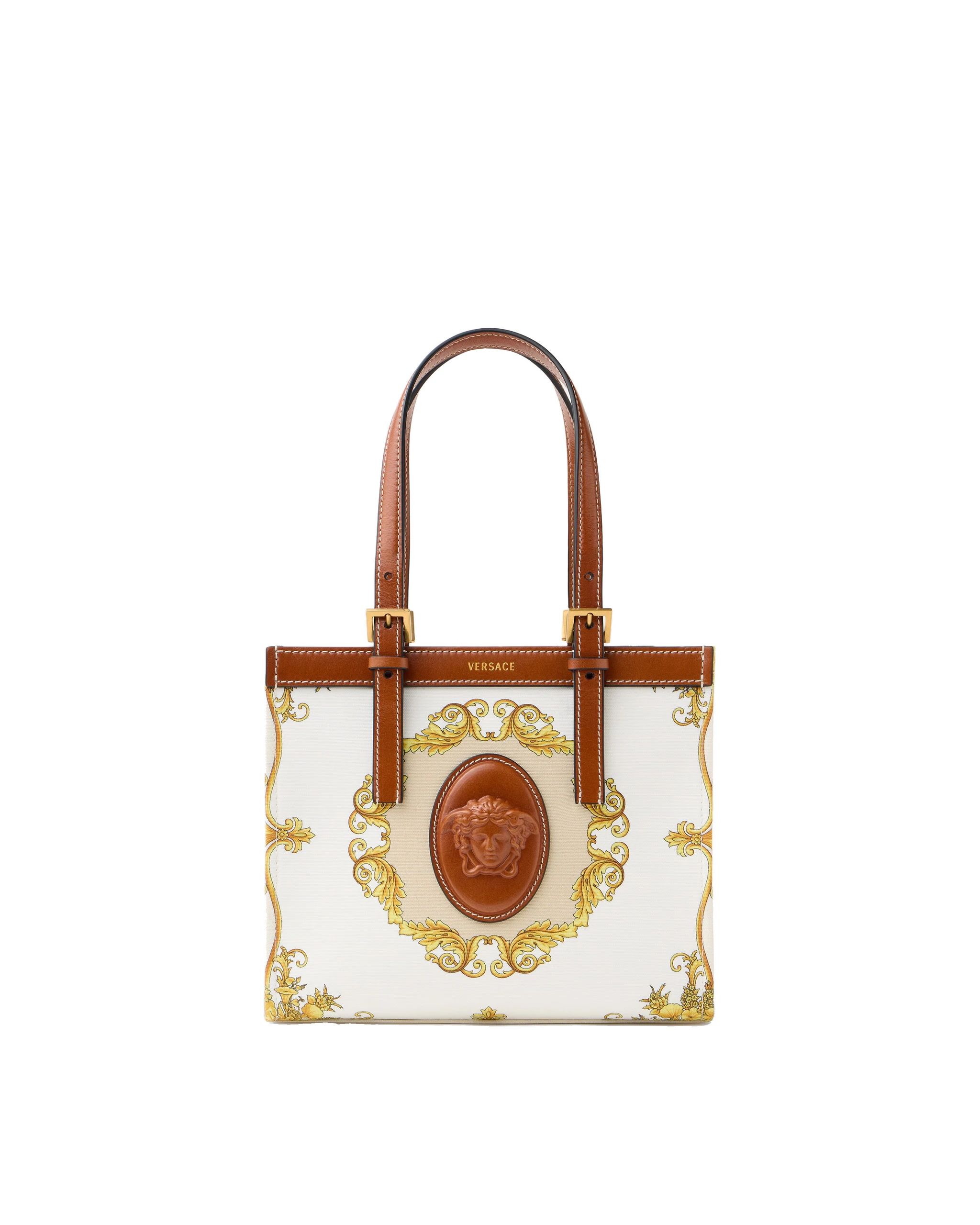 Versace Rivière Printed Mini Canvas Tote in White and Gold Versace Rivière Printed Mini Canvas Tote in White and Gold | Mini Bags | Coveti