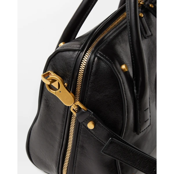 Versace Roomy Leather Boston Bag in Black and Brown, view 6 | Totes & Top-Handle Bags
