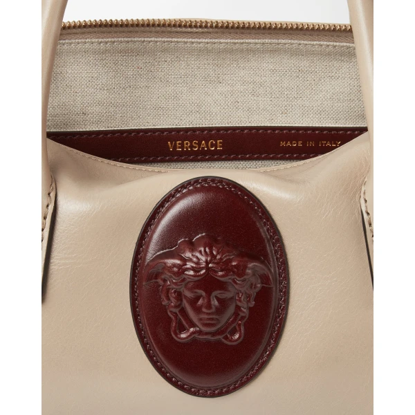 Versace Roomy Small Leather Boston Bag in Beige, view 3 | Totes & Top-Handle Bags