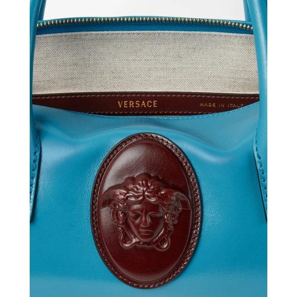 Versace Roomy Small Leather Boston Bag in Light Blue, view 3 | Totes & Top-Handle Bags