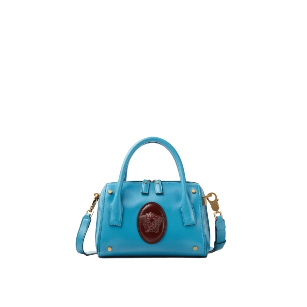 Roomy Small Leather Boston Bag in Light Blue