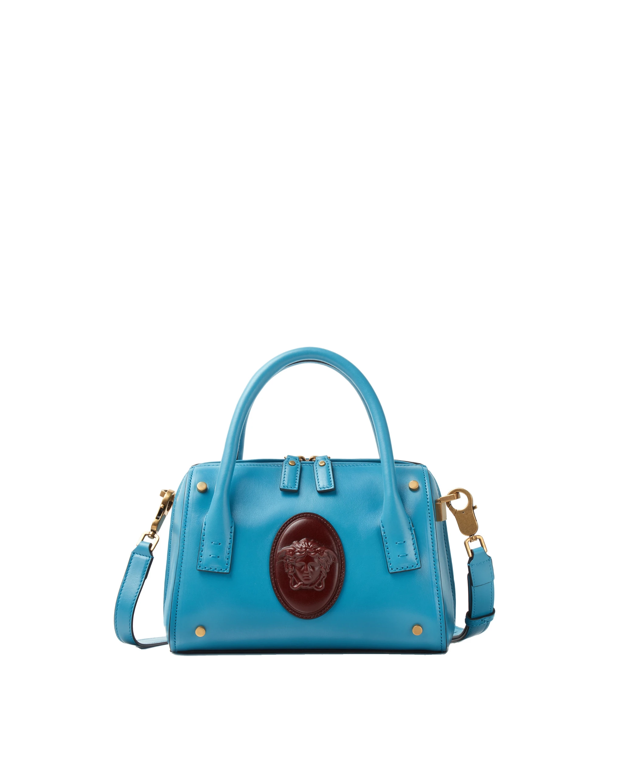 Versace Roomy Small Leather Boston Bag in Light Blue Versace Roomy Small Leather Boston Bag in Light Blue | Totes & Top-Handle Bags | Coveti