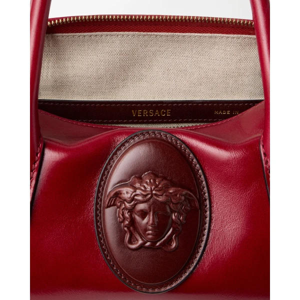 Versace Roomy Small Leather Boston Bag in Red, view 3 | Totes & Top-Handle Bags