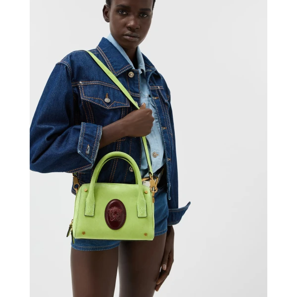 Versace Roomy Small Suede Boston Bag in Green, view 2 | Totes & Top-Handle Bags