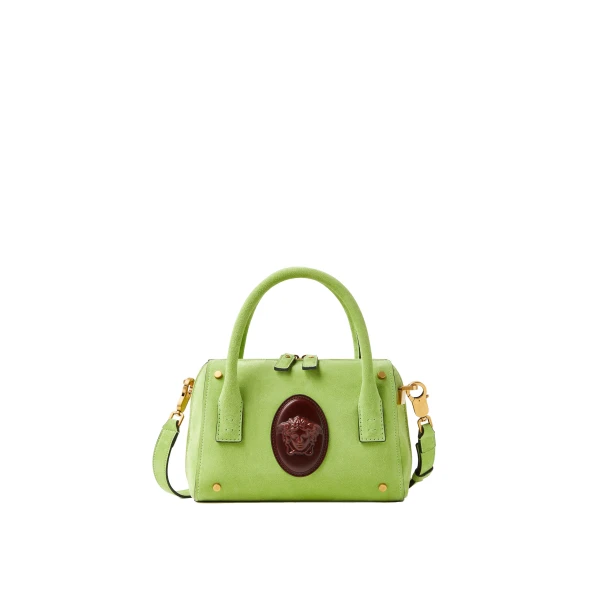 Versace Roomy Small Suede Boston Bag in Green | Totes & Top-Handle Bags | Coveti