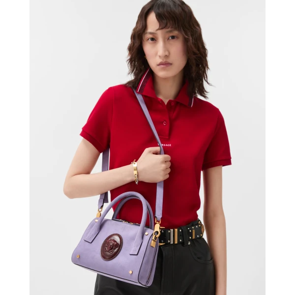 Versace Roomy Small Suede Boston Bag in Lilac, view 2 | Totes & Top-Handle Bags