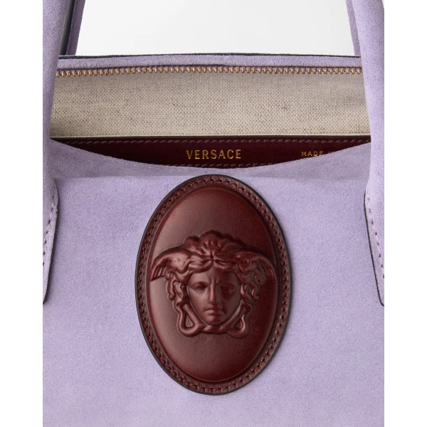 Versace Roomy Small Suede Boston Bag in Lilac, view 4 | Totes & Top-Handle Bags