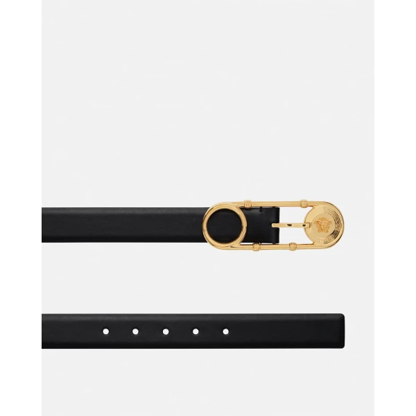 Versace Safety Pin Leather Belt 1.2" in Black and Gold, view 2 | Belts
