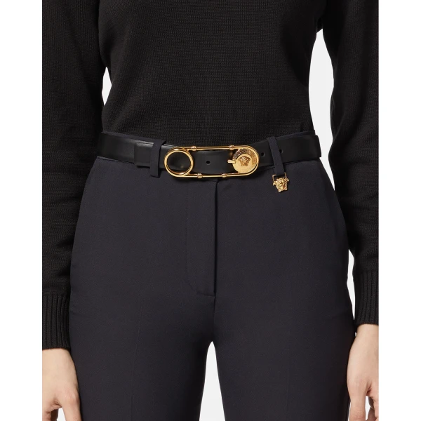 Versace Safety Pin Leather Belt 1.2" in Black and Gold, view 3 | Belts