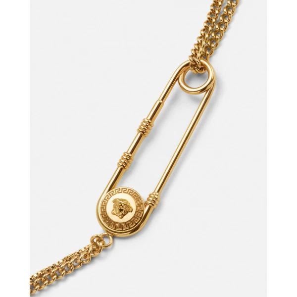 Versace Safety Pin Necklace in Light Gold, view 2 | Necklace