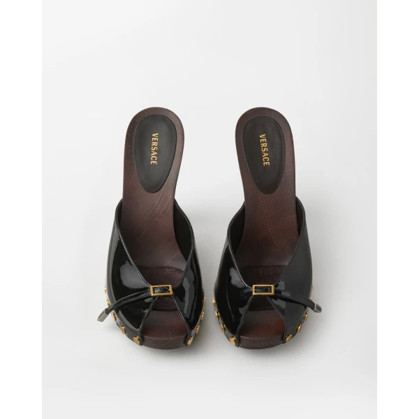 Versace Sassi Patent Clogs 105 mm in Black, view 2 | Sandals
