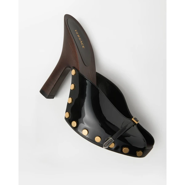 Versace Sassi Patent Clogs 105 mm in Black, view 3 | Sandals