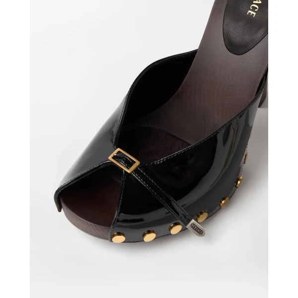 Versace Sassi Patent Clogs 105 mm in Black, view 5 | Sandals
