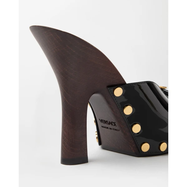 Versace Sassi Patent Clogs 105 mm in Black, view 6 | Sandals
