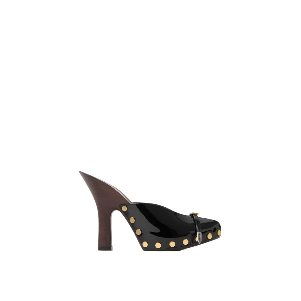Versace Sassi Patent Clogs 105 mm in Black | Sandals | Coveti