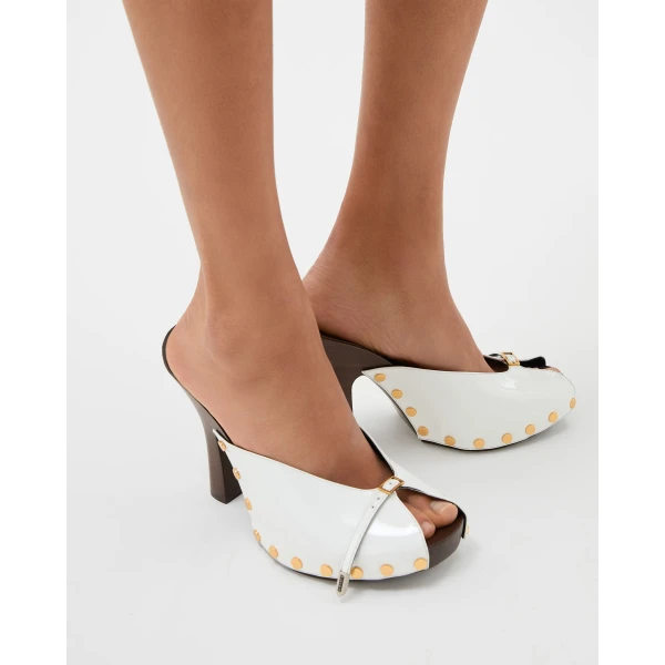 Versace Sassi Patent Clogs 105 mm in White, view 2 | Sandals