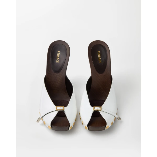 Versace Sassi Patent Clogs 105 mm in White, view 3 | Sandals
