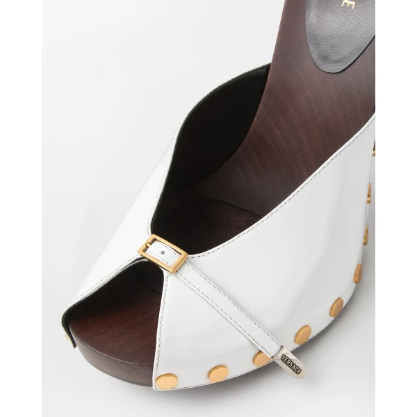 Versace Sassi Patent Clogs 105 mm in White, view 6 | Sandals