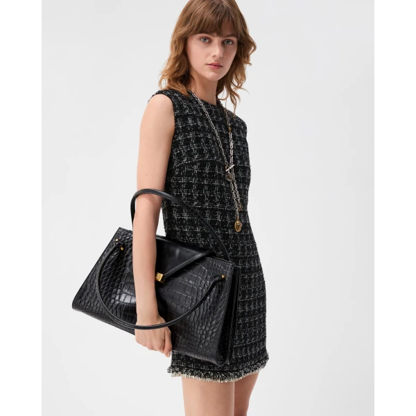 Versace Severine Croc-Effect Leather Large Shoulder Bag in Black, view 2 | Shoulder & Crossbody Bags