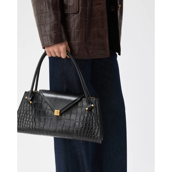 Versace Severine Croc-Effect Leather Shoulder Bag in Black, view 2 | Shoulder & Crossbody Bags