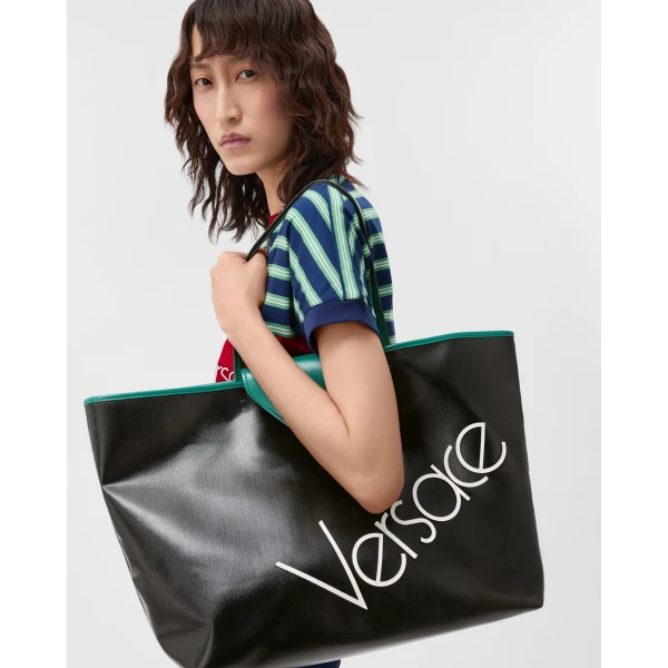 Versace Severine Large Coated Canvas Tote in Black and Green, view 2 | Totes & Top-Handle Bags