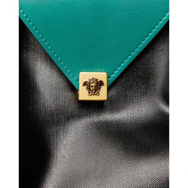 Versace Severine Large Coated Canvas Tote in Black and Green, view 4 | Totes & Top-Handle Bags