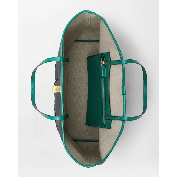 Versace Severine Large Coated Canvas Tote in Black and Green, view 5 | Totes & Top-Handle Bags
