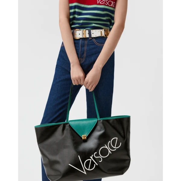 Versace Severine Large Coated Canvas Tote in Black and Green, view 6 | Totes & Top-Handle Bags