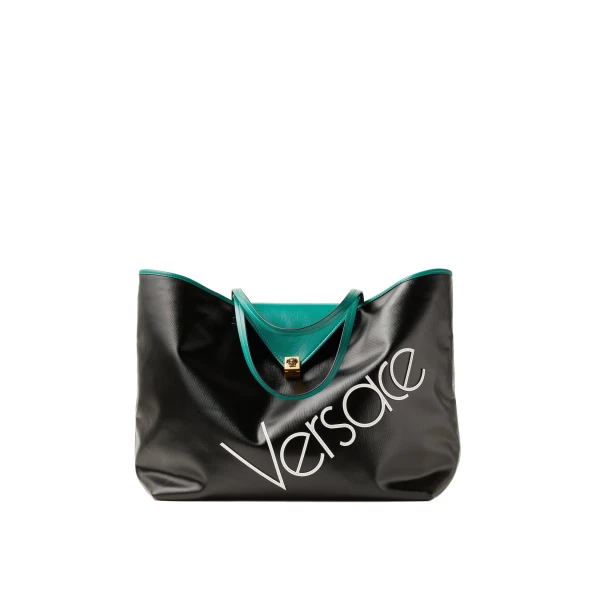 Versace Severine Large Coated Canvas Tote in Black and Green | Totes & Top-Handle Bags | Coveti