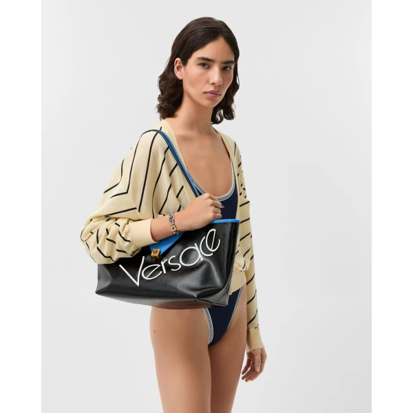 Versace Severine Small Coated Canvas Tote in Blue and Black, view 2 | Totes & Top-Handle Bags