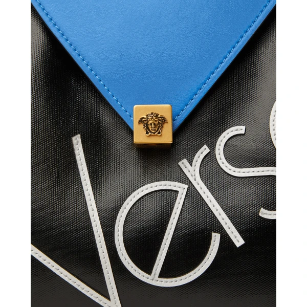 Versace Severine Small Coated Canvas Tote in Blue and Black, view 4 | Totes & Top-Handle Bags