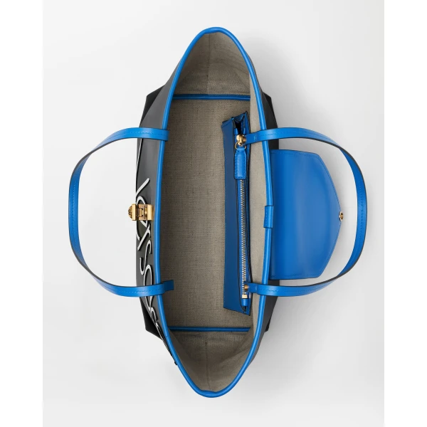 Versace Severine Small Coated Canvas Tote in Blue and Black, view 5 | Totes & Top-Handle Bags