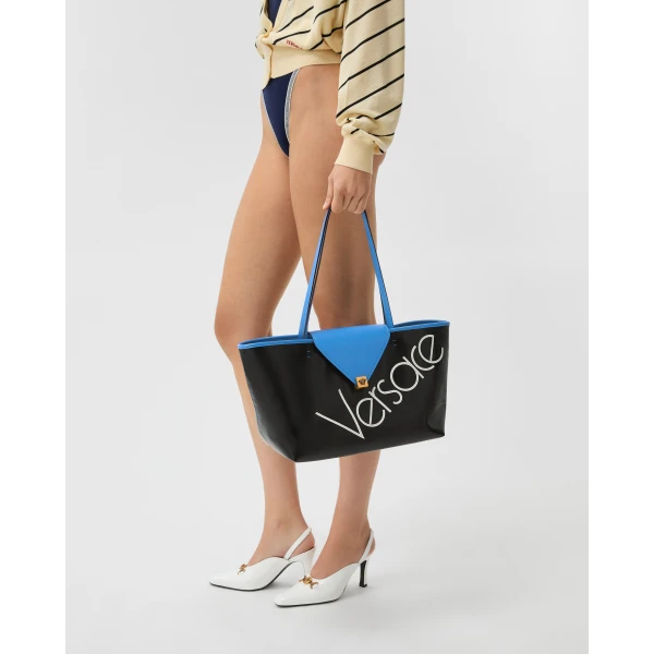 Versace Severine Small Coated Canvas Tote in Blue and Black, view 6 | Totes & Top-Handle Bags