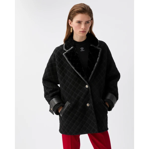 Versace Shearling Quilted Peacoat in Black, view 2 | Fur Coats