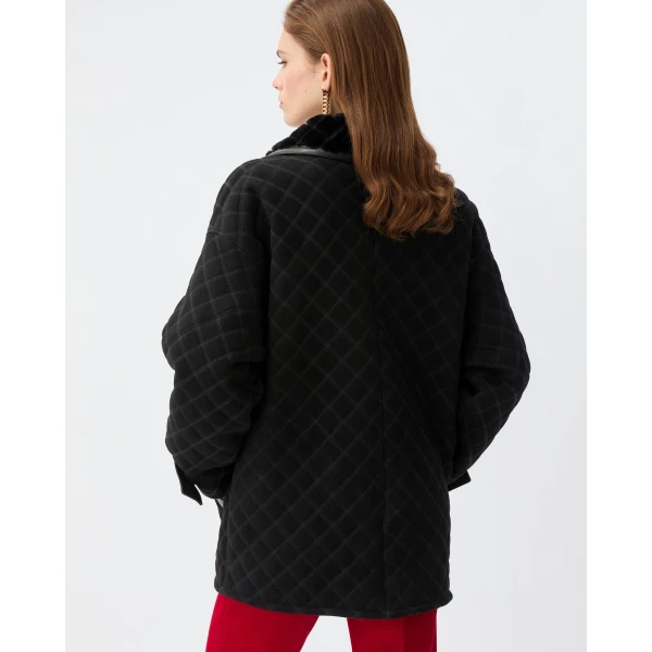 Versace Shearling Quilted Peacoat in Black, view 3 | Fur Coats