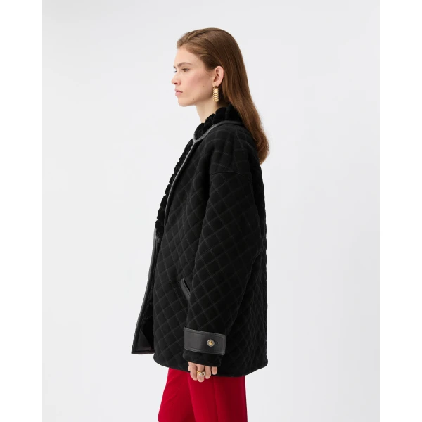Versace Shearling Quilted Peacoat in Black, view 4 | Fur Coats
