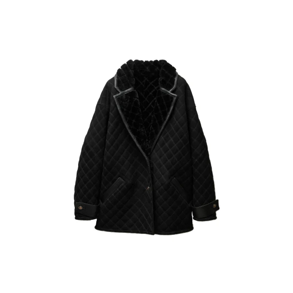 Shearling Quilted Peacoat in Black