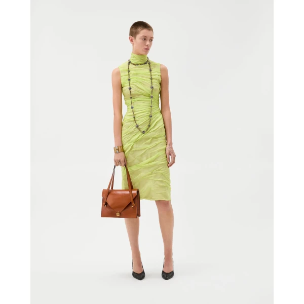 Versace Silk-Chiffon Draped Midi Dress in Lime, view 2 | Midi Dresses