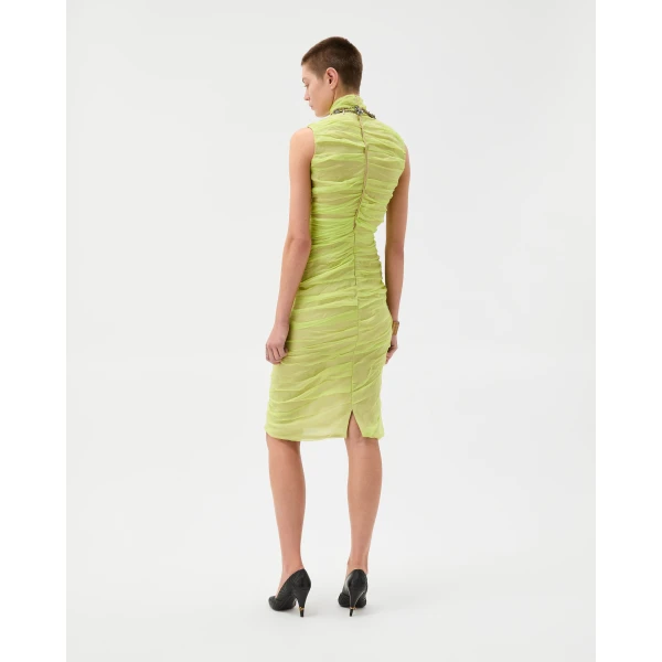Versace Silk-Chiffon Draped Midi Dress in Lime, view 3 | Midi Dresses