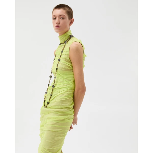 Versace Silk-Chiffon Draped Midi Dress in Lime, view 4 | Midi Dresses