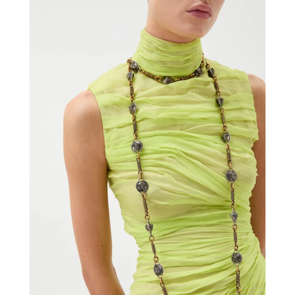 Versace Silk-Chiffon Draped Midi Dress in Lime, view 5 | Midi Dresses