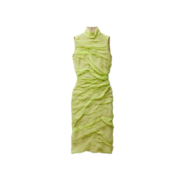 Silk-Chiffon Draped Midi Dress in Lime
